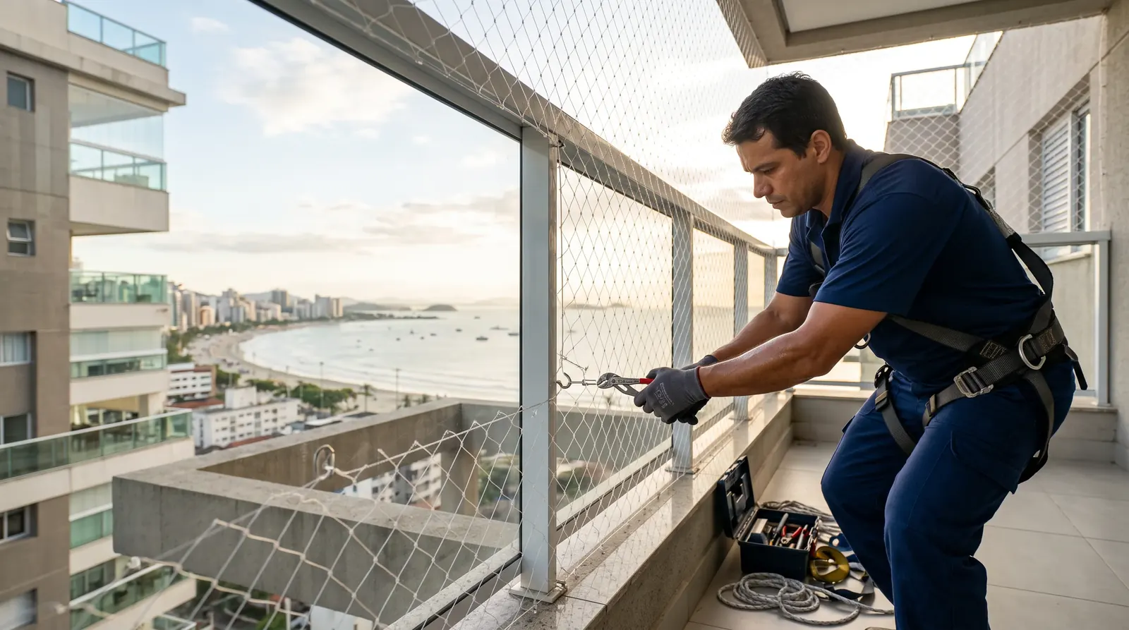 Profissional instalando rede de proteção em sacada