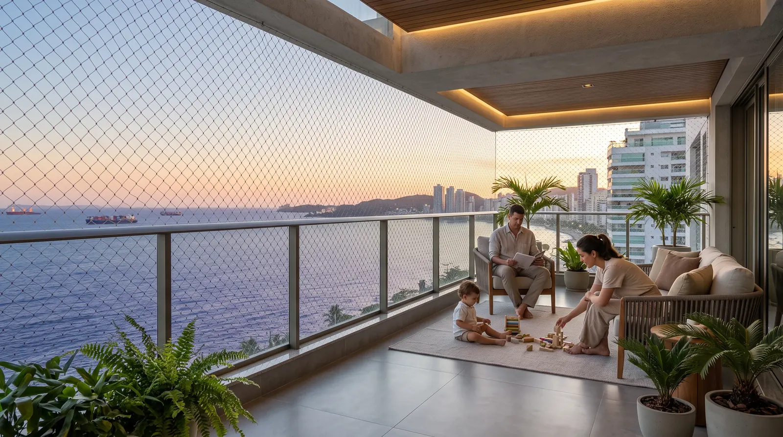 Sacada de apartamento no litoral com rede de proteção